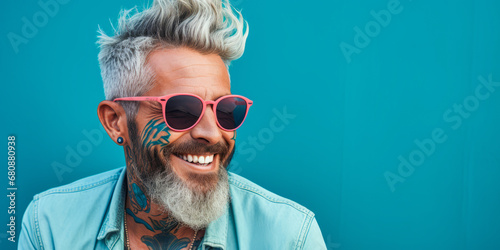 Bearded, tattooed man winking against blue wall.