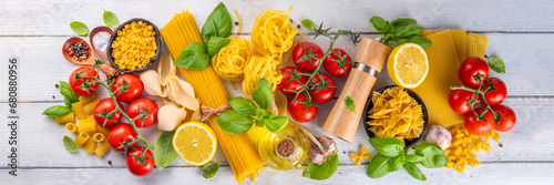 Various pasta with spices and ingredients for cooking