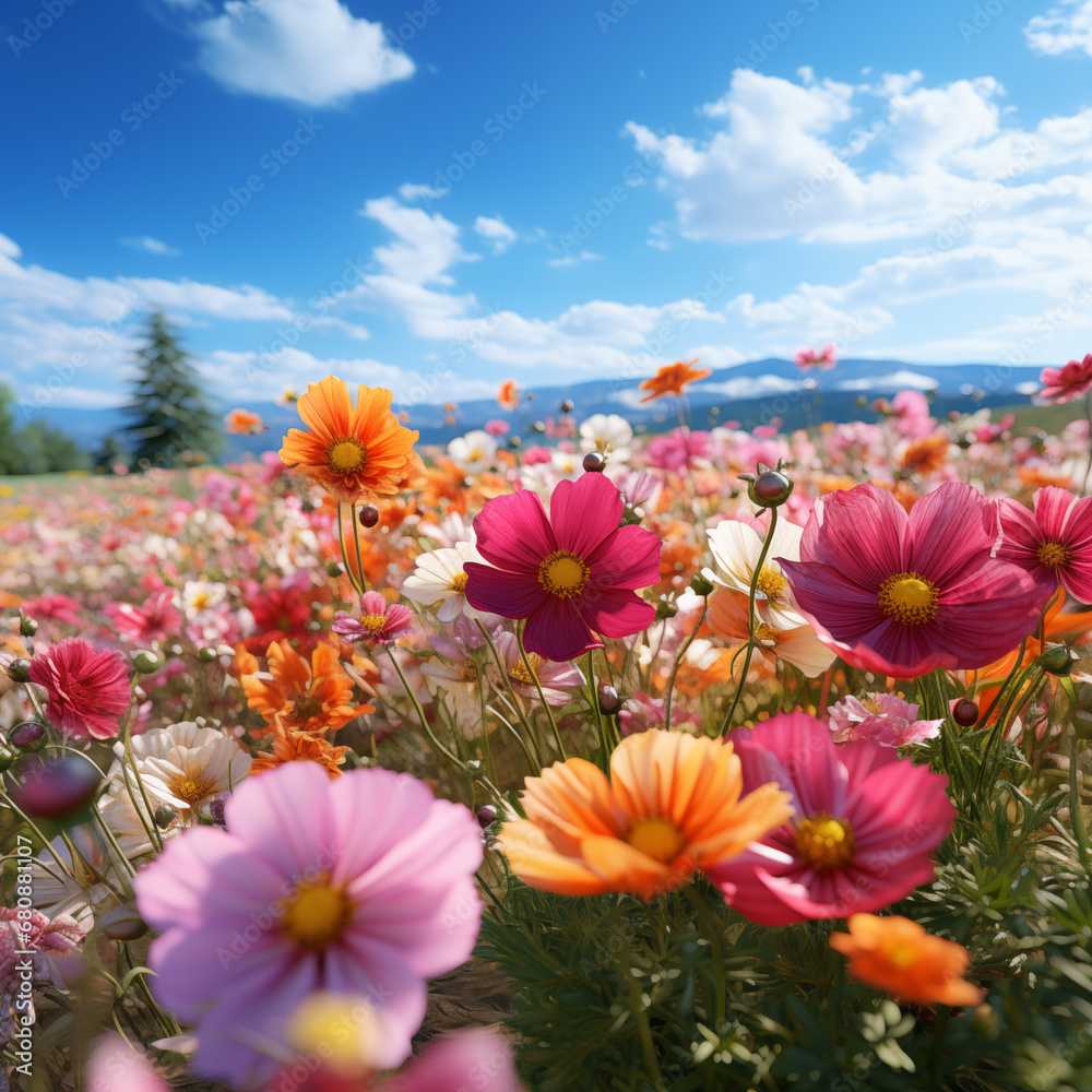 Field of poppies on the background of the mountains. 