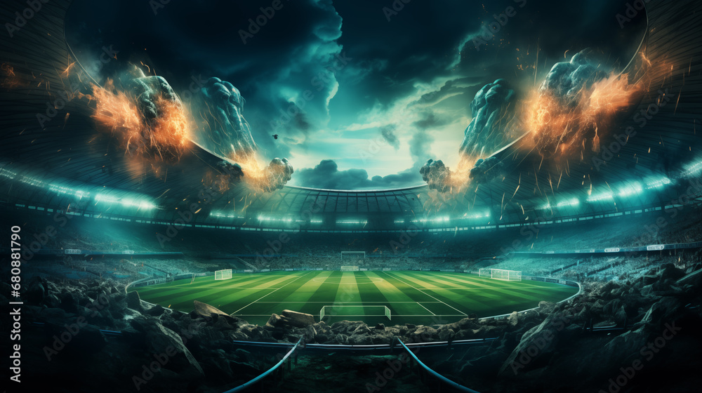 Soccer or football stadium with fans and lights. 3D rendering. 
lights of a soccer stadium at night and flashes   