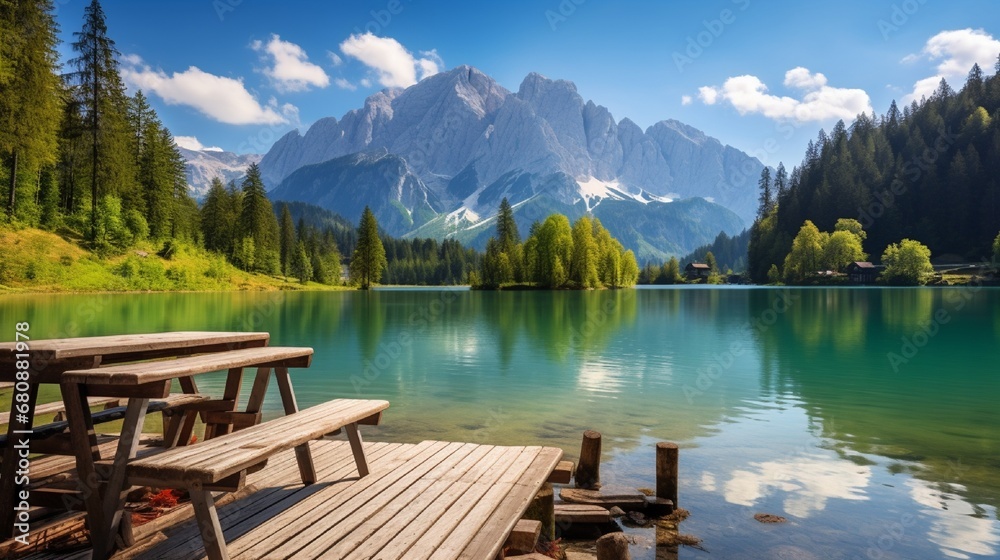On the pier, there is a cozy bistro. Fusine Lake in the dawn light Summer scene of the Julian Alps with the  peak in the distance, Background with the theme of  nature,s beauty.