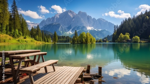 On the pier, there is a cozy bistro. Fusine Lake in the dawn light Summer scene of the Julian Alps with the peak in the distance, Background with the theme of nature,s beauty.