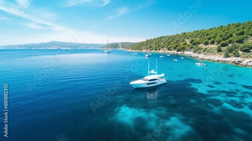 Croatian yachts on the water's surface Aerial image of a luxurious floating yacht in the Adriatic Sea on a sunny day. Image of travel. photo