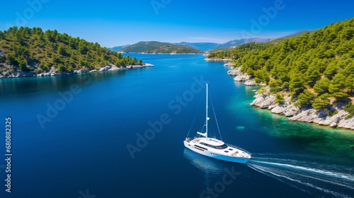 Croatian yachts on the water's surface Aerial image of a luxurious floating yacht in the Adriatic Sea on a sunny day. Image of travel.
