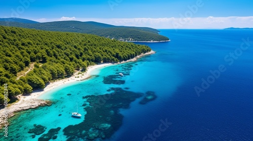Hvar, which is , Croatia, Sol Panoramic aerial view of Zlatni Rat Beach and the water from the air Summer seascape from a famous Croatian location Image of travel.