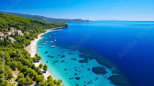 Hvar, which is , Croatia, Sol Panoramic aerial view of Zlatni Rat Beach and the water from the air Summer seascape from a famous Croatian location Image of travel. photo