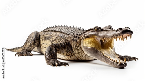 Crocodile with large open jaws isolated on white background.
