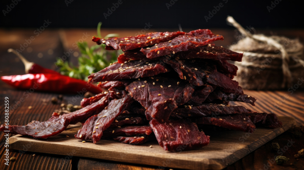 Board with spicy beef jerky on dark background.