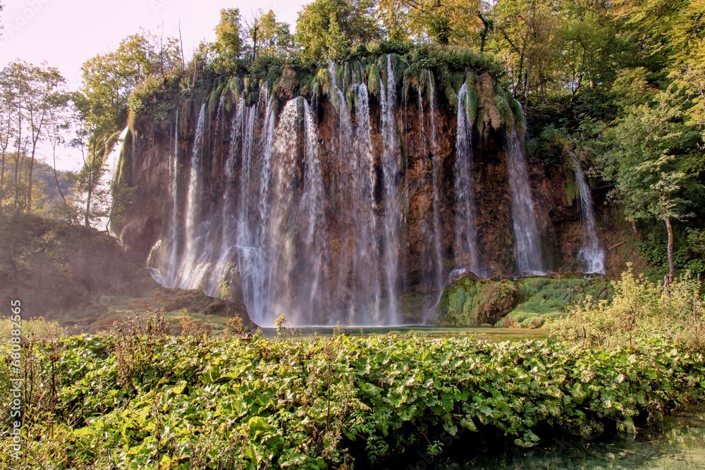 A stunning Veliki Prstavac waterfall in the national park Plitvice Lakes, Croatia
