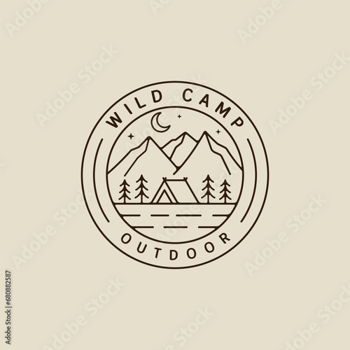 camping logo vector line art simple minimalist illustration template icon graphic design. night camp at wild nature sign or symbol for travel or adventure concept with circle badge