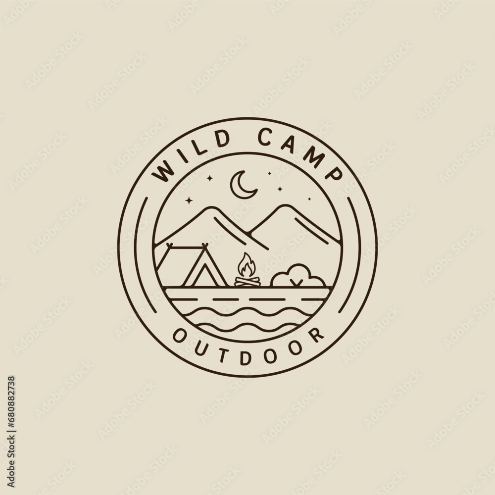 camping logo vector line art simple minimalist illustration template icon graphic design. night camp with bonfire at wild nature sign or symbol for travel or adventure concept with circle badge camping logo vector line art simple minimalist illustration template icon graphic design. night camp with bonfire at wild nature sign or symbol for travel or adventure concept with circle badge