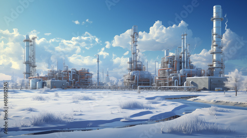 frozen industrial landscape in winter, 3d render and blue sky. Oil refinery in winter with snow.