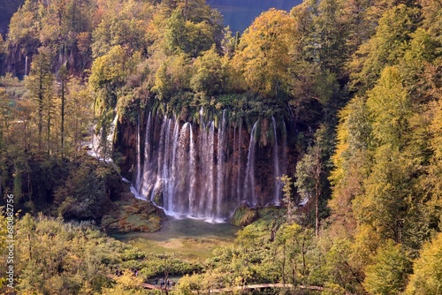 A stunning Veliki Prstavac waterfall in the national park Plitvice Lakes  Croatia