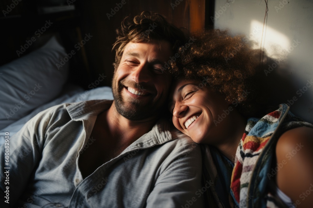 Happy couple relaxing in bed Happy couple relaxing in bed