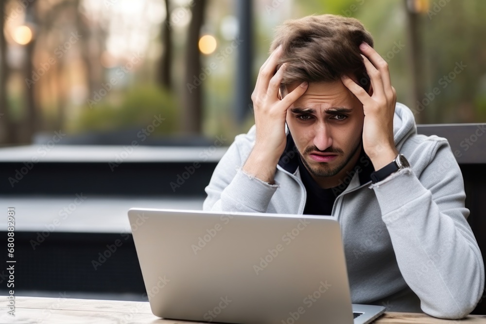 Freelancer sitting at desk with computer suffers from hell work. Young man with headache got tangled up in paperwork scattered on table. Man struggling in office trying working Freelancer sitting at desk with computer suffers from hell work. Young man with headache got tangled up in paperwork scattered on table. Man struggling in office trying working