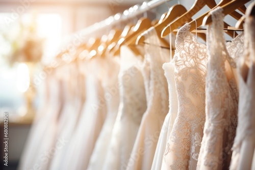 Beautiful elegant luxury bridal dress on hangers.