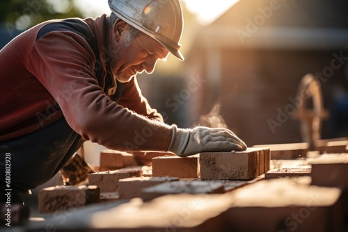 Bricklayer installs bricks on building exterior wall construction site.