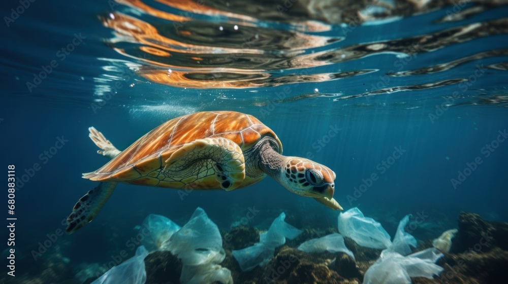 Obraz premium Plastic pollution in ocean environmental problem.