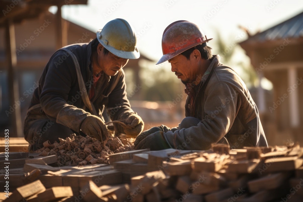 Two construction workers installing roof tiles at construction building