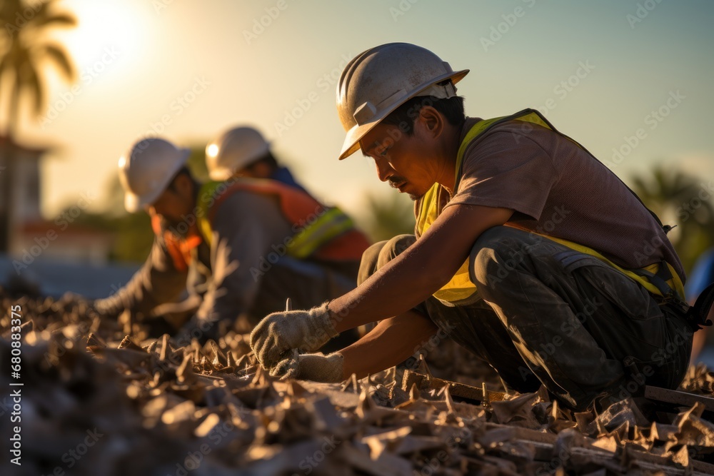Two construction workers installing roof tiles at construction building Two construction workers installing roof tiles at construction building