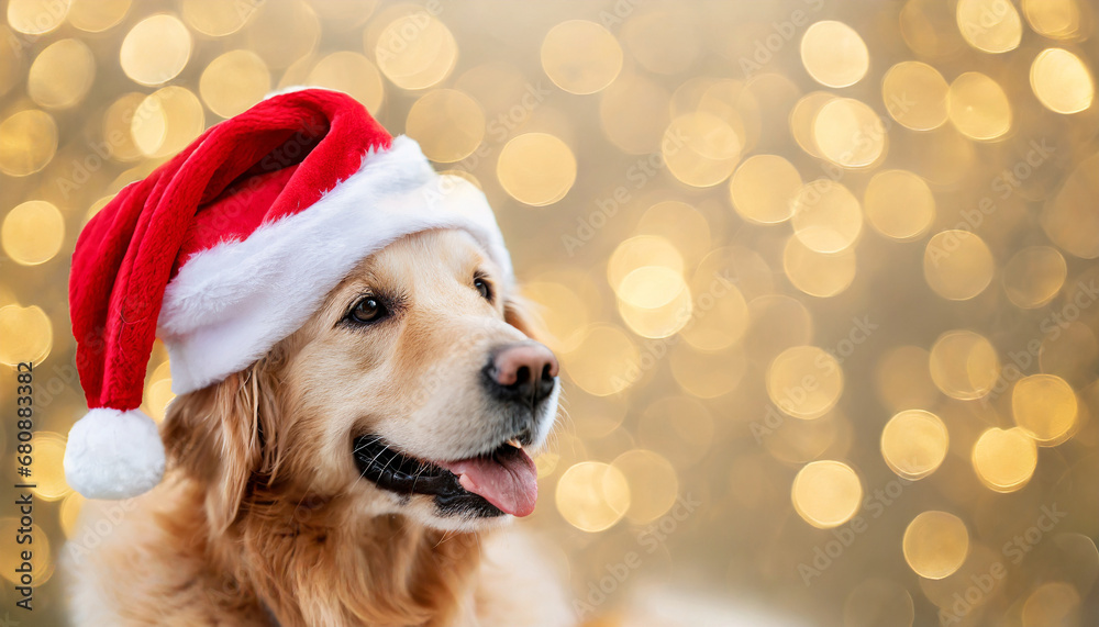 Golden retriever dog with Santa hat on golden bokeh background Golden retriever dog with Santa hat on golden bokeh background