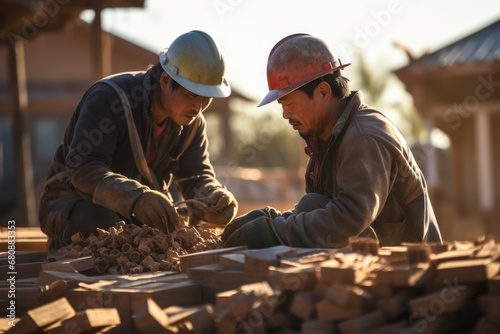 Two construction workers installing roof tiles at construction building © sirisakboakaew