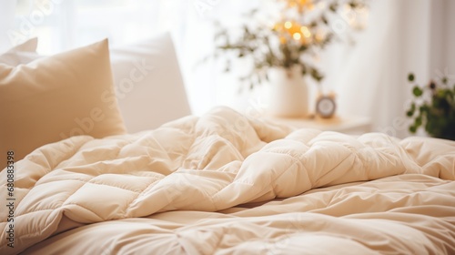 Warm ivory duvet quilt lying on bed photo