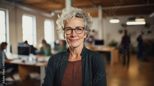 Confident mature businesswoman smiling in a modern coworking office space