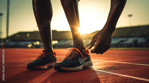 Athlete in stance on track during sunset, showcasing determination and readiness