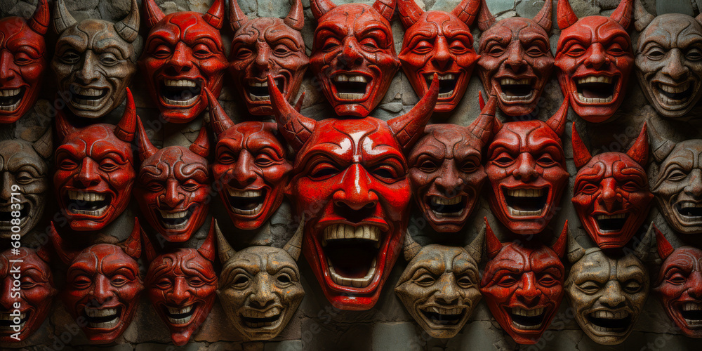 Red background filled with many demonic and devilish faces.