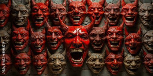Red background filled with many demonic and devilish faces.
