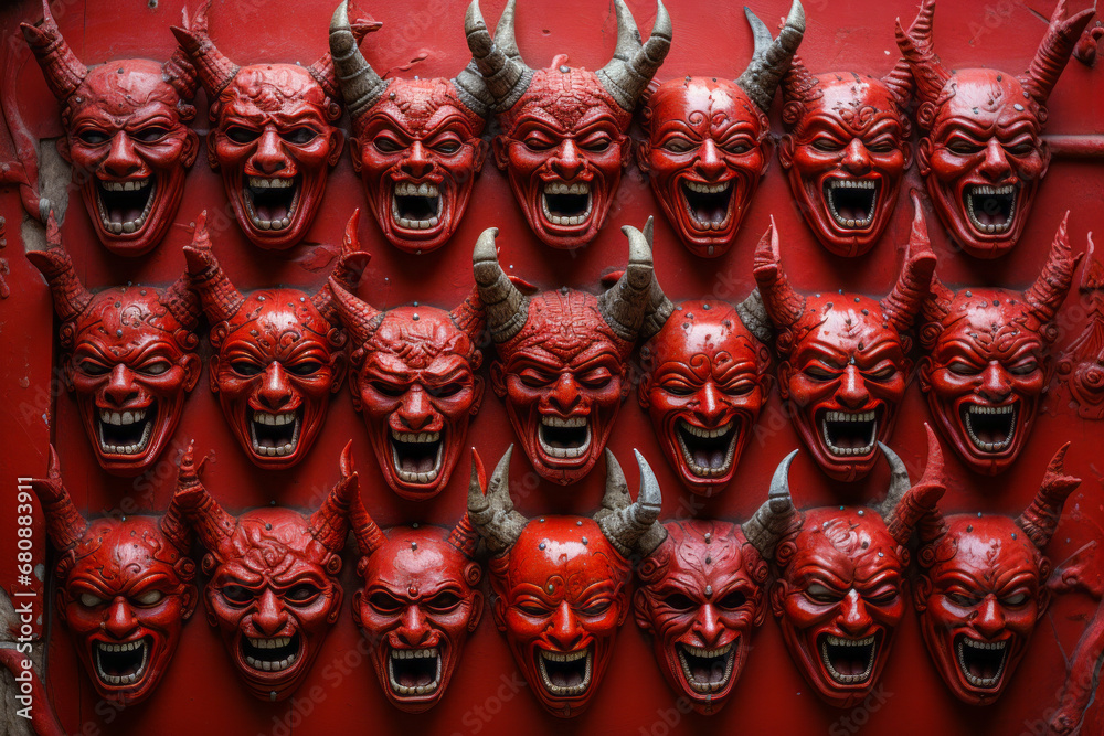 Devil and red demon faces on a horrifying hellish wall.