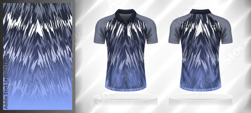 Vector sport pattern design template for Polo T-shirt front and back with short sleeve view mockup. Dark and light shades of grey-blue color gradient abstract grunge texture background illustration.