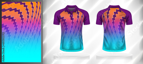 Vector sport pattern design template for Polo T-shirt front and back with short sleeve view mockup. Shades of purple-blue-pink-yellow color gradient abstract wave line texture background illustration.