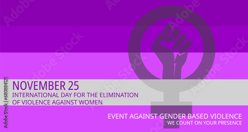 International Day for the Elimination of Violence against Women. Banner with horizontal lines in pink and feminist symbol with clenched fist. EPS vector illustration