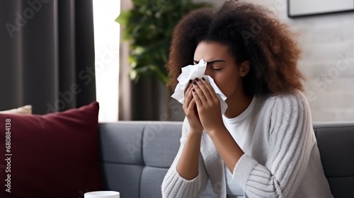 African American woman wrapped in warm clothes due to chills has flu sneezing in napkin in modern cozy apartment. African-American woman caught cold and now suffers from flu with runny nose