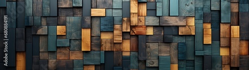 Artistic Arrangement of Diverse Wooden Squares in a Colorful Wall