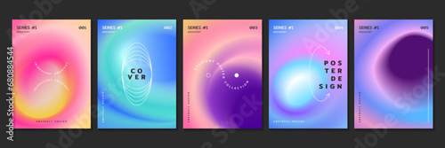 Set of fluid gradient backgrounds with radial blur effect. Covers design template with neon blurry circles and iridescent color gradation. Posters with glow circular blurry stains in modern style. photo