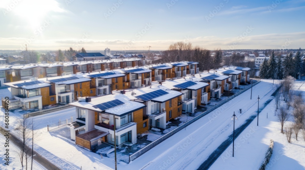 Aerial View of eco-friendly apartment buildings with solar panels on their roofs. Winter photo of an apartment buildings with environmentally friendly large batteries on the roofs.