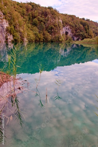 The beautiful lakes with green water surface at Plitvice lakes  Croatia