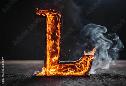 AI generated illustration of a fiery letter L with flames on a dark background photo