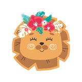 Lion head with flower crown. Cute Vector illustration for children design, poster, birthday greeting cards. 