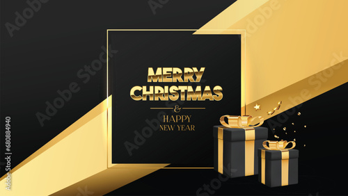 Christmas banner. Background Xmas design with sparkling lights realistic gift box. Christmas poster, greeting cards. Stylish black design