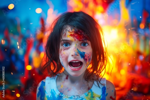 Blue-eyed brunette girl covered in multicolor paint enjoying holidays. © XaMaps