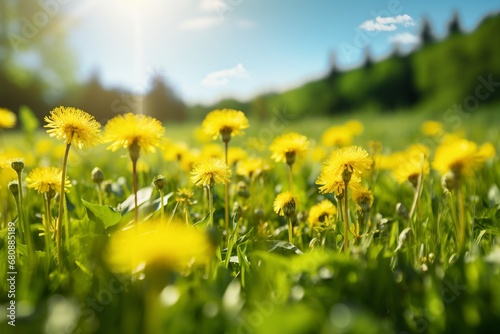 Green field with yellow dandelions. Closeup of yellow spring flowers on the ground. generative ai. © SEUNGJIN