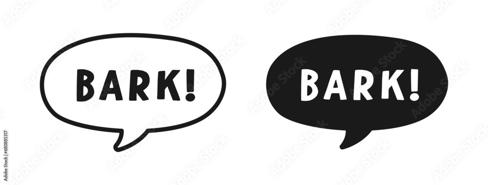 Bark text in a speech bubble balloon outline and silhouette set. Cartoon comics dog sound effect lettering. Simple flat vector illustration. Bark text in a speech bubble balloon outline and silhouette set. Cartoon comics dog sound effect lettering. Simple flat vector illustration.