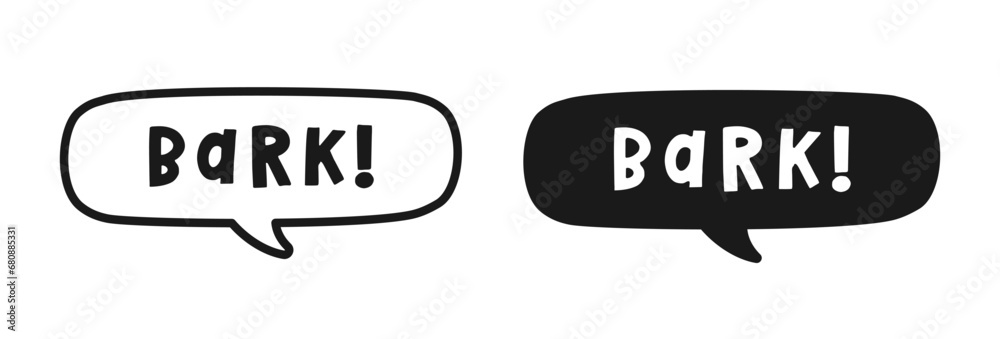 Bark text in a speech bubble balloon outline and silhouette set. Cartoon comics dog sound effect lettering. Simple flat vector illustration. Bark text in a speech bubble balloon outline and silhouette set. Cartoon comics dog sound effect lettering. Simple flat vector illustration.