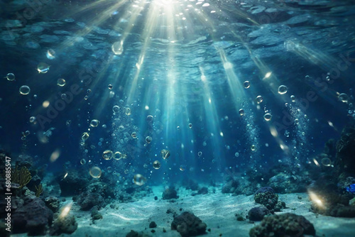 Underwater background with water bubbles and undersea light rays shine