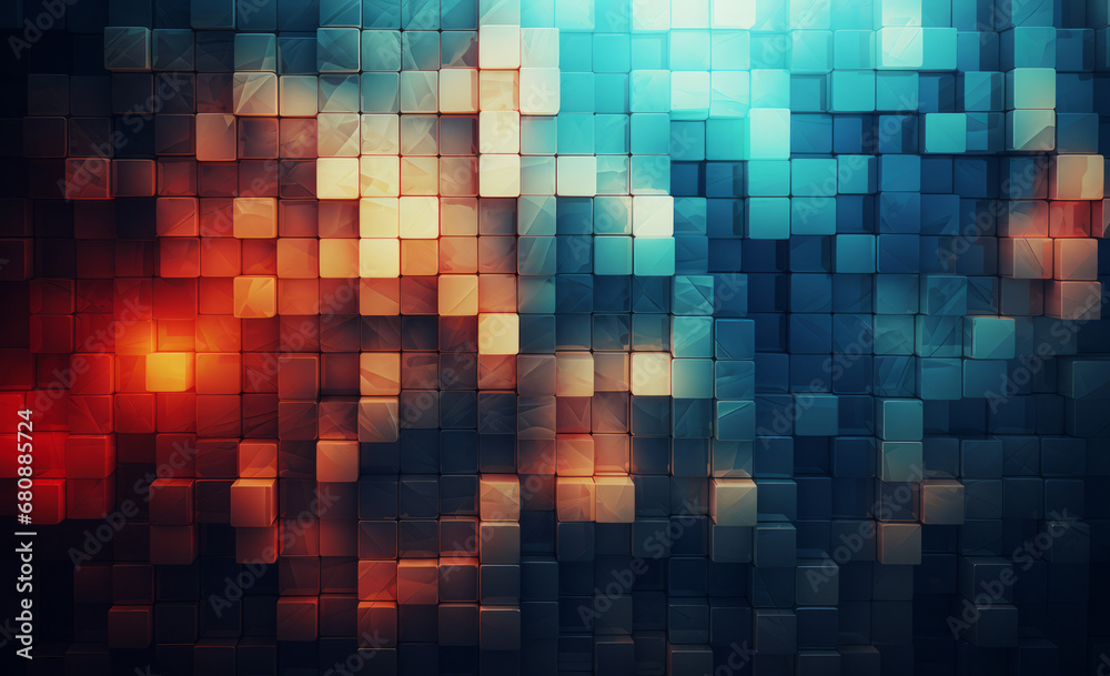 Colourful 3D squares in a geometric pattern, create a playful, modern mosaic.