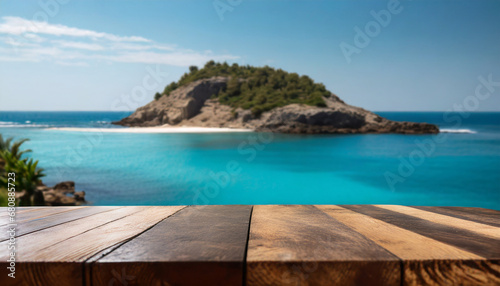 Wooden table on the blurred background of the sea. For product showing